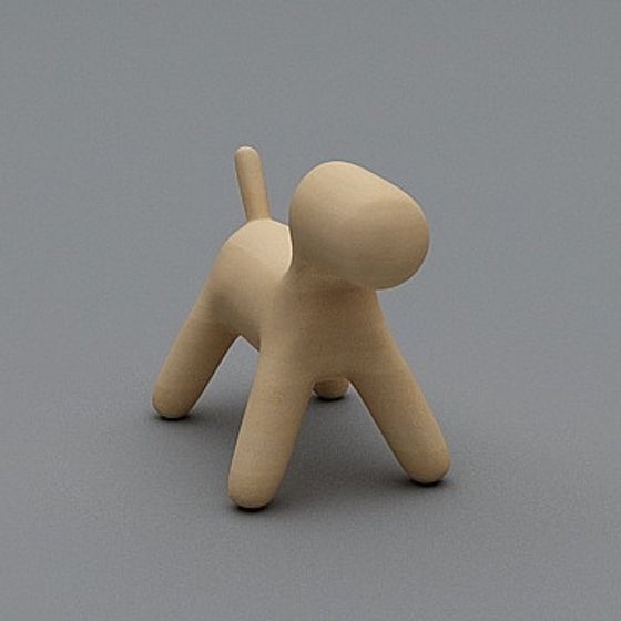 Minimalist light wood dog figurine with smooth matte finish on grey background