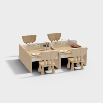 Modern light wood double student desk with chairs and white divider on grey background