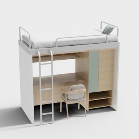 Modern Bunk Bed 3D Model in Brown Finish
