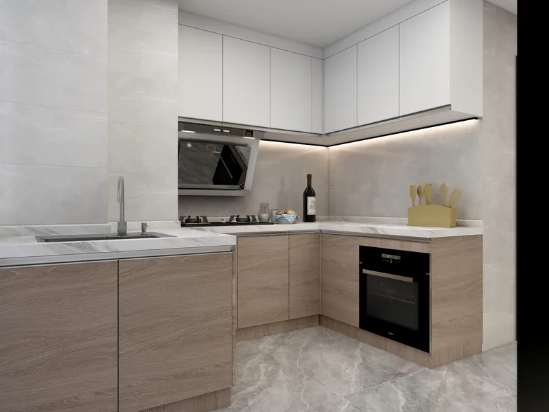 Modern kitchen design with white upper cabinets wood lower cabinets grey tile walls and oven