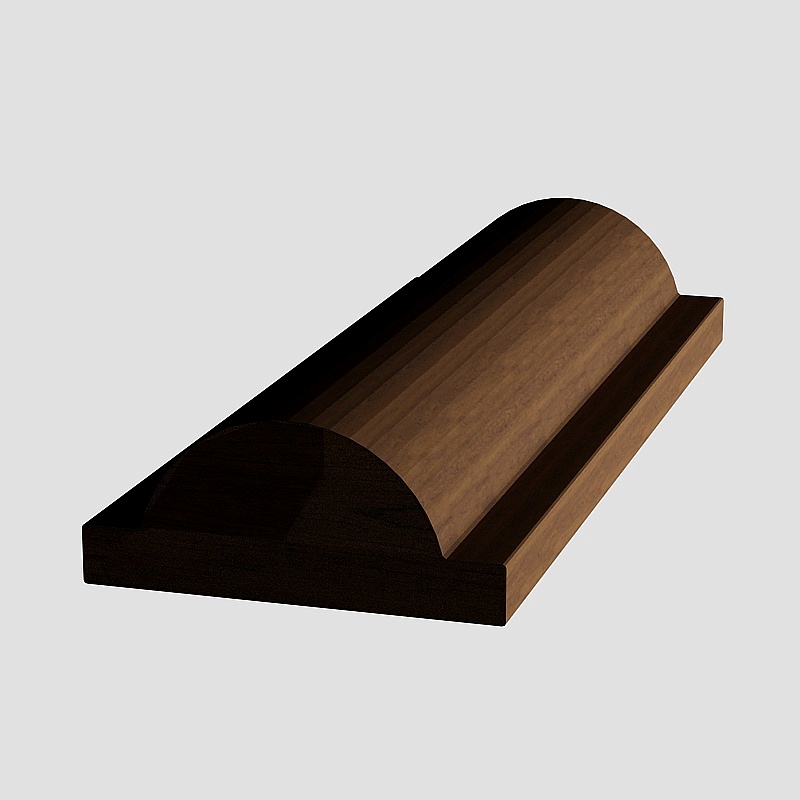 Dark brown wooden molding with curved top edge on grey background