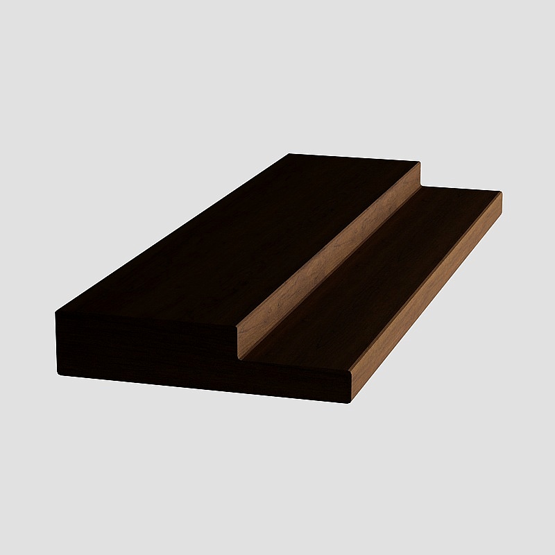 Dark brown wood wall panel with step design and natural grain texture on grey background
