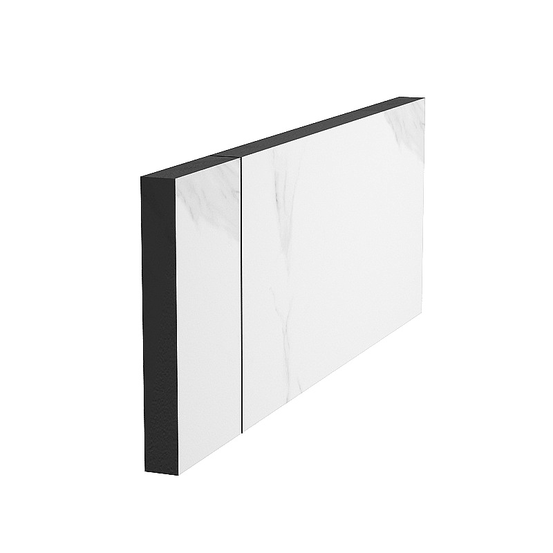 Modern white marble kitchen cabinet with black frame and side panel on white background