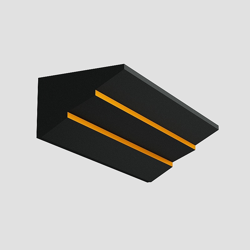 Modern black wall light with two horizontal gold strips on grey background