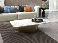 White marble coffee table with black tray and glass set on brown and grey rug