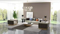 Modern living room with beige sofa marble coffee table gold ceiling light and green plants