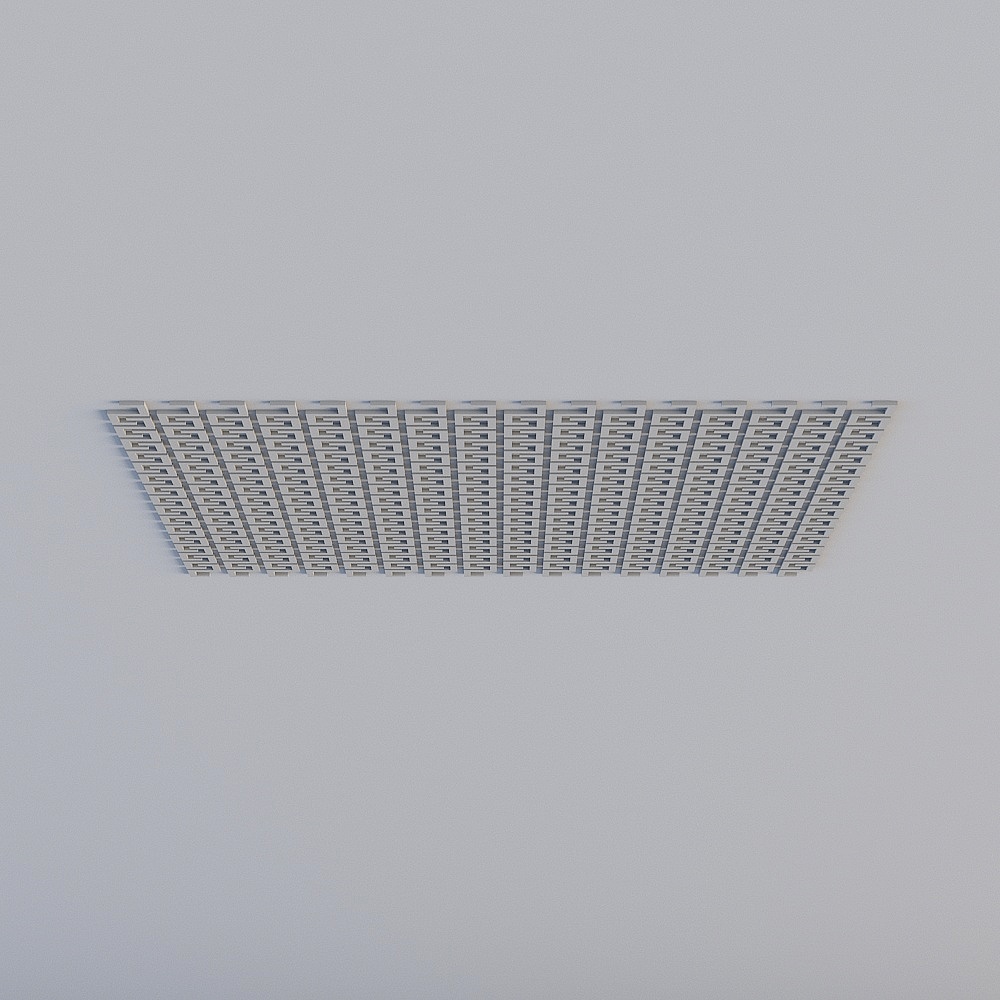 Modern white ceiling light fixture with grid pattern and recessed panels on grey background