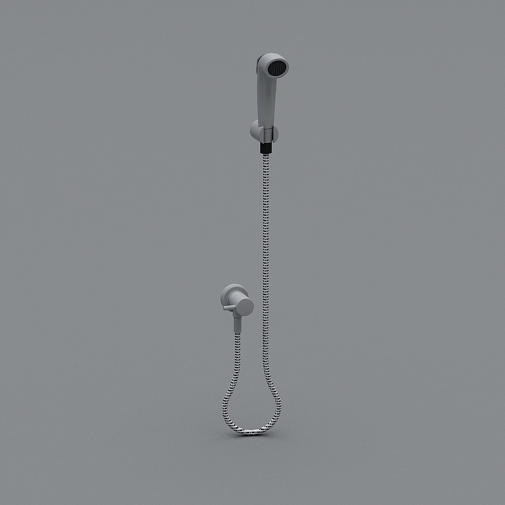 Modern white handheld shower head with flexible hose and wall mount on grey background