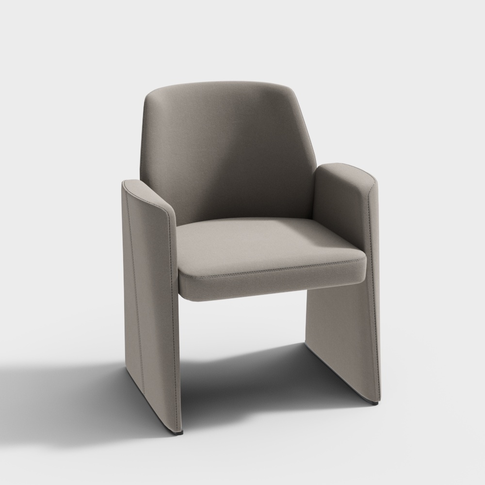 Modern light grey fabric armchair with wide flat arms and visible stitching on white background