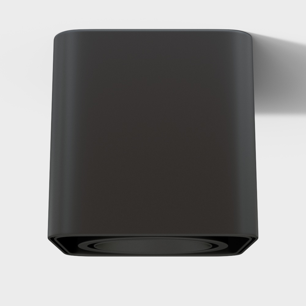 Modern black square ceiling light fixture with matte finish and round bulb on white background
