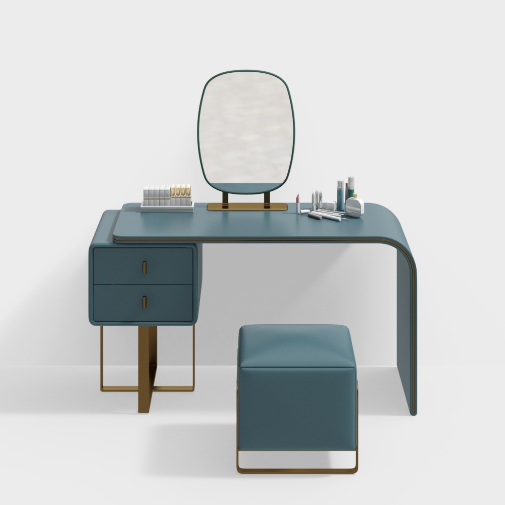Blue vanity table with mirror and matching footrest on white background