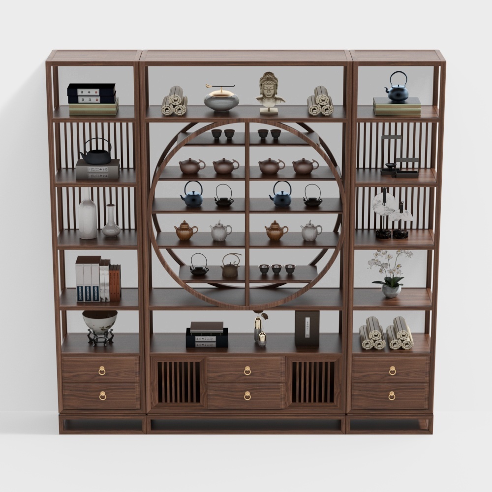 Oriental Elegance Bookshelf 3D Model – Wooden Eastern Style
