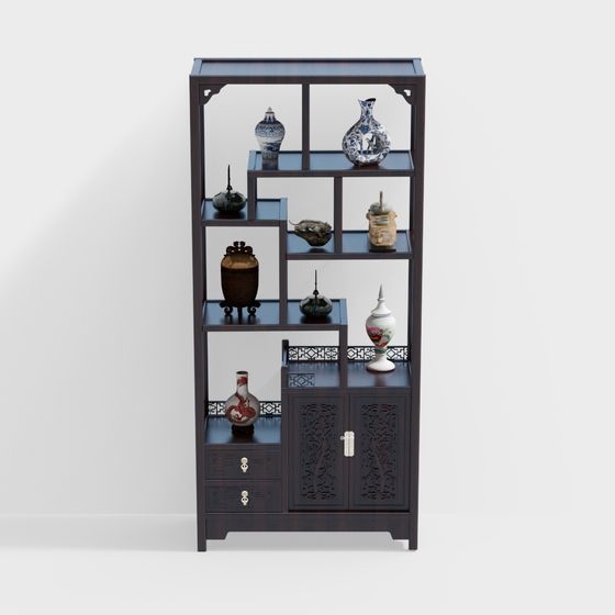Elegant Chinese Bookcase 3D Model