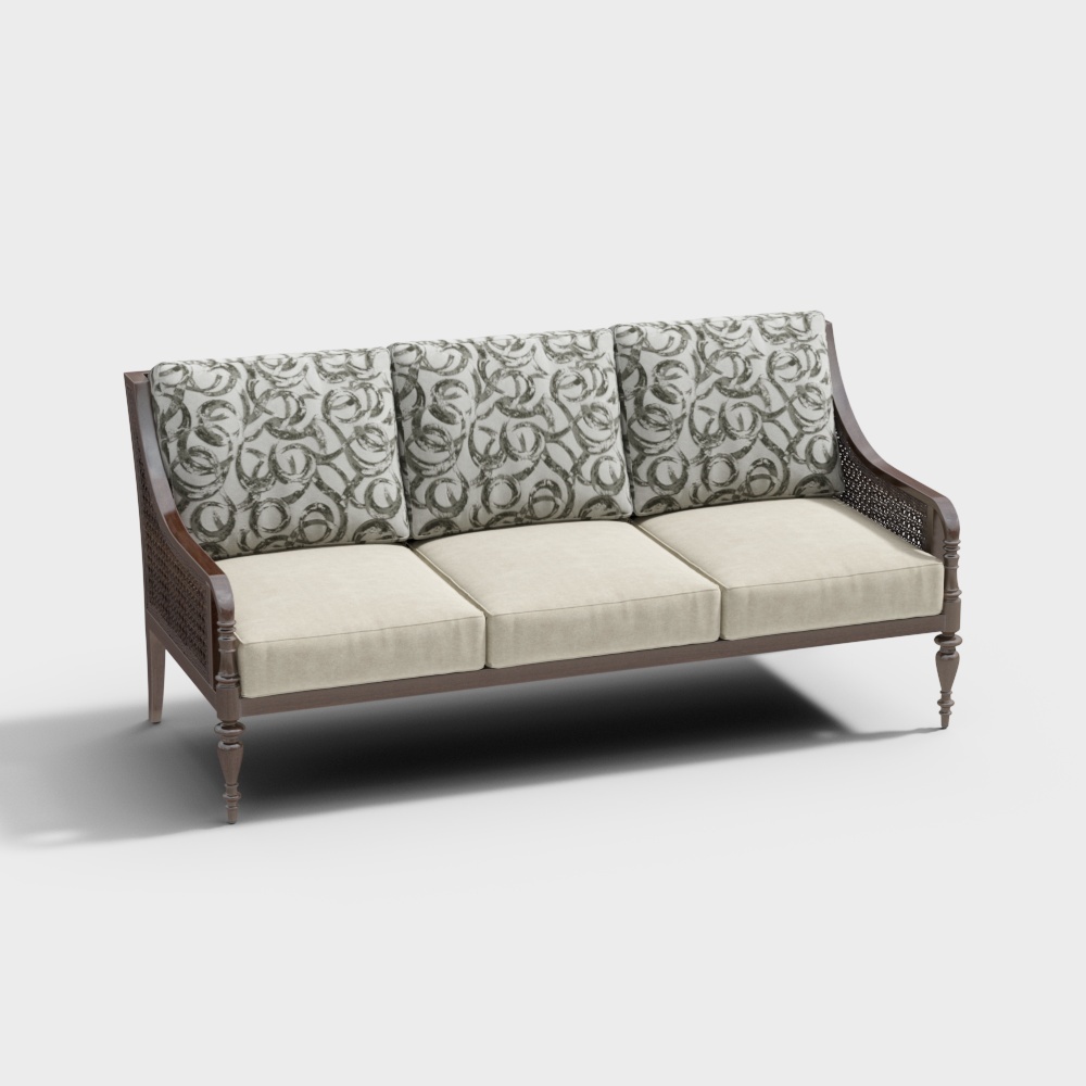Classic three seat sofa with patterned back cushions and dark wood frame on white background