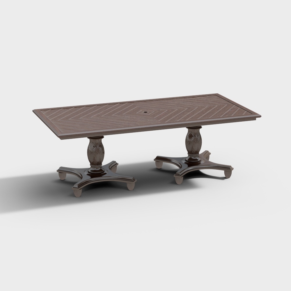 Classic dark brown wooden dining table with carved legs and patterned top on white background
