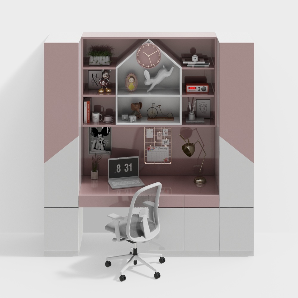 Bàn học liền giá sách trẻ em màu hồng hiện đại