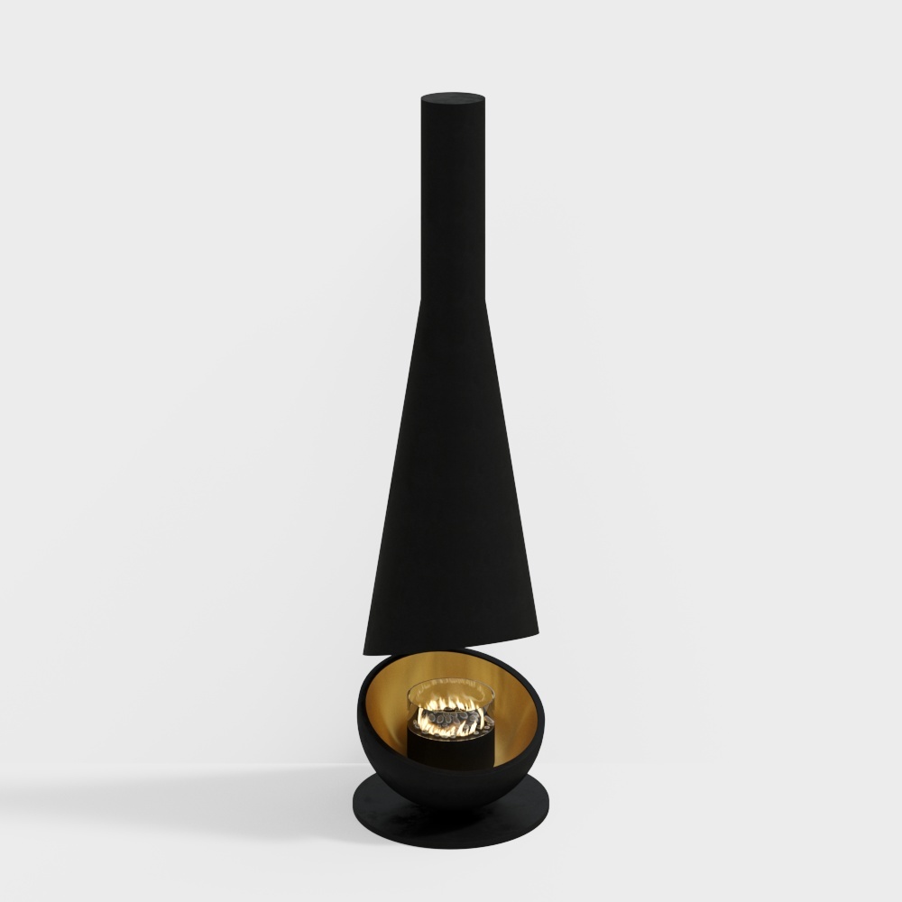 Cone-Shaped Fireplace 3D Model – Black & Gold Design