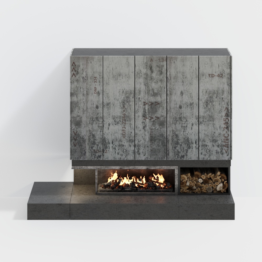 Industrial-Style Fireplace 3D Model – Low-Poly Concrete & Wood