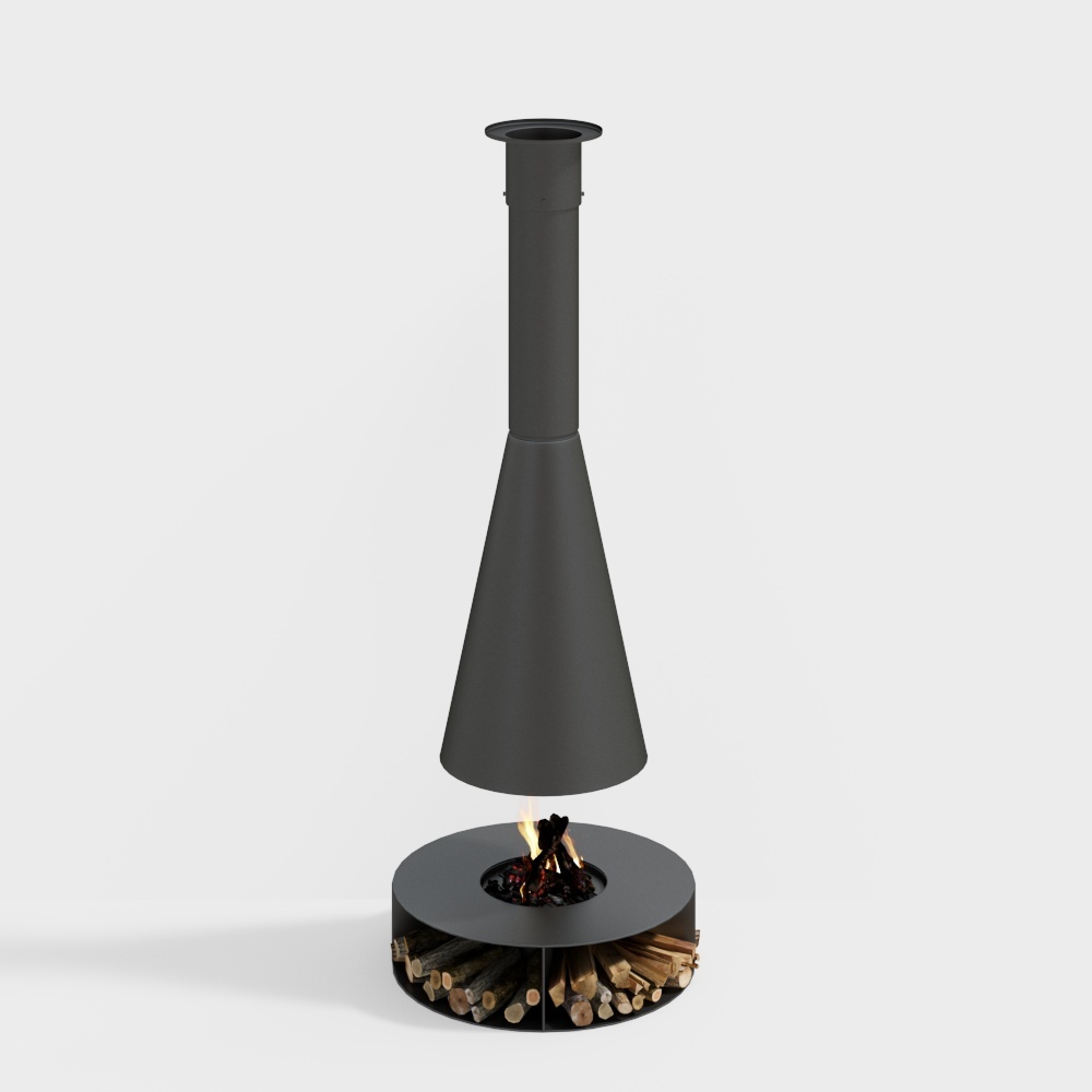 Modern Cone Fireplace 3D Model – Black Metal & Wood
