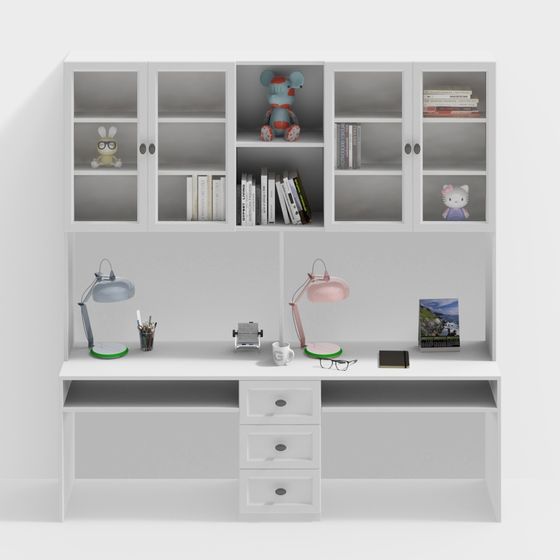 Stylish Student Desk with Bookshelf 3D model