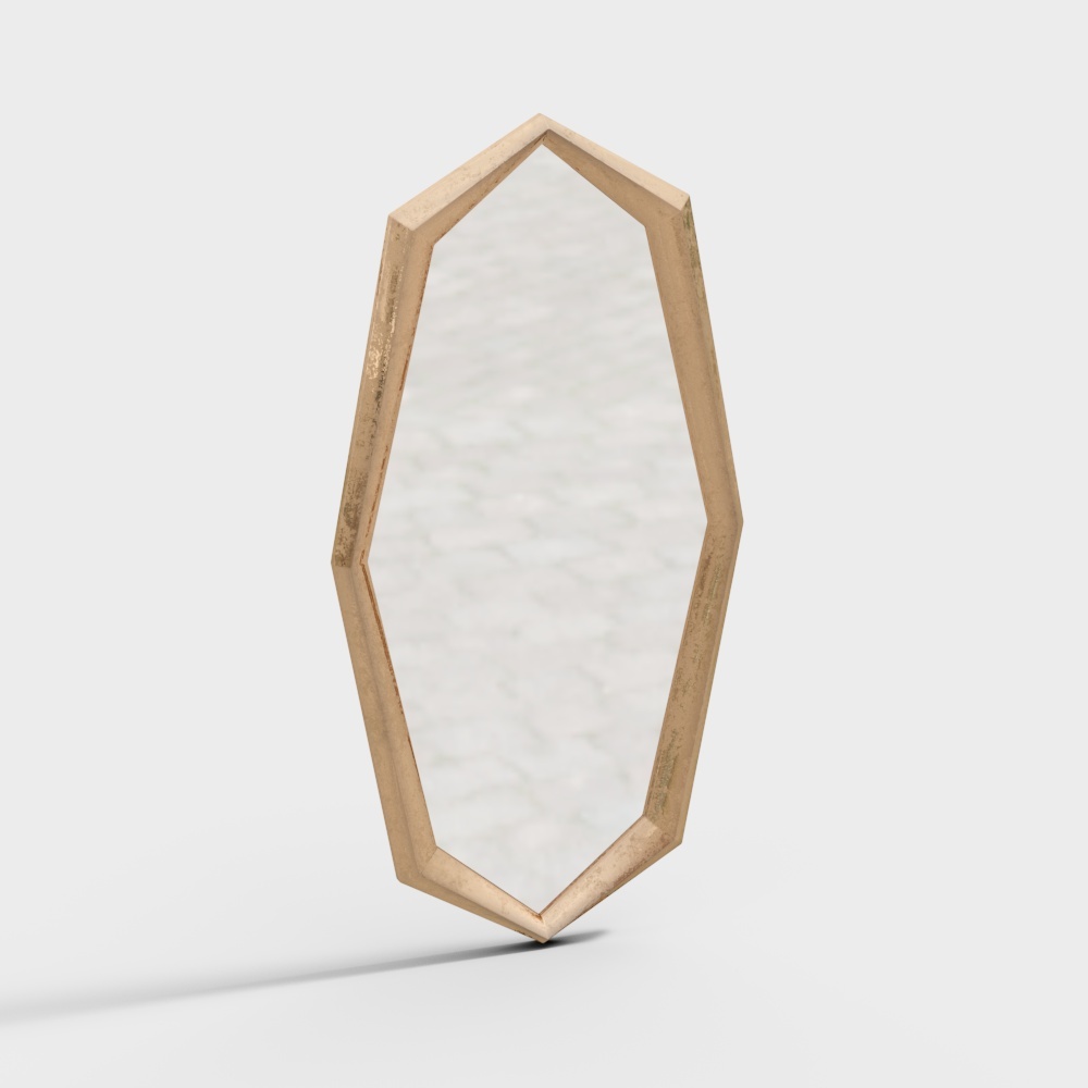 Hexagonal Mirror 3D Model – Light Gold Metal Frame