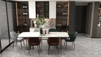 Modern dining room with white marble table, colorful chairs, wine cabinet, and grey tiled floor