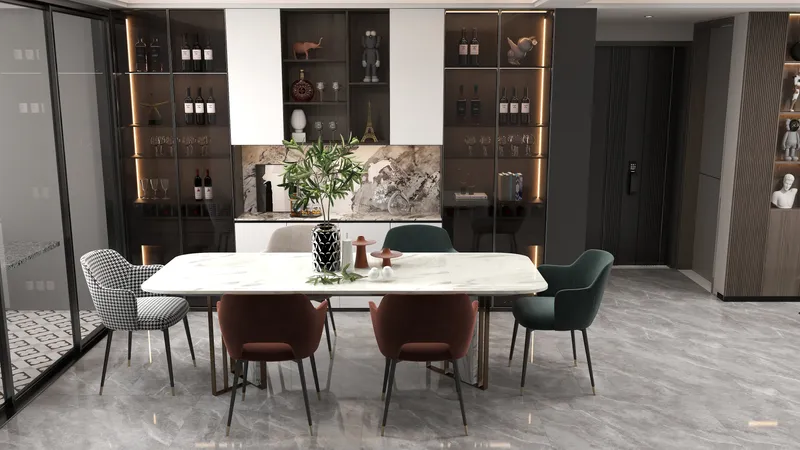 Modern dining room with white marble table, colorful chairs, wine cabinet, and grey tiled floor