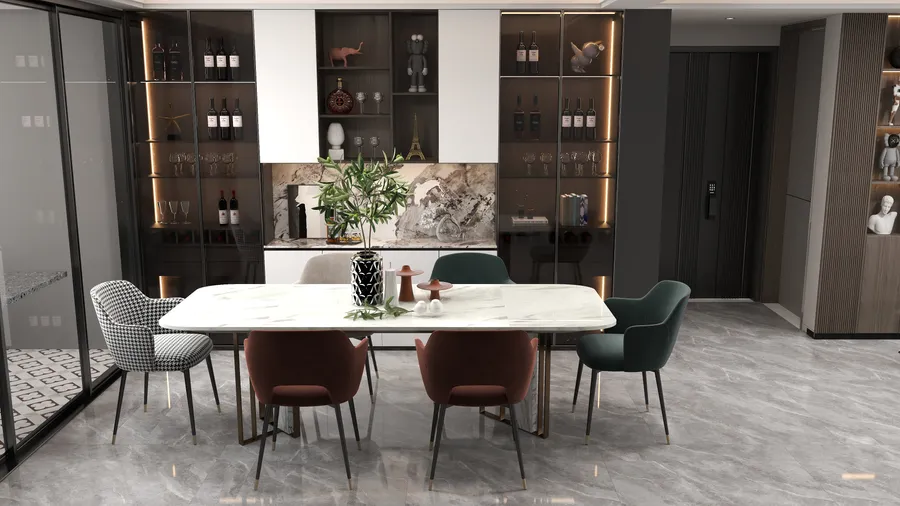 Modern dining room with white marble table, colorful chairs, wine cabinet, and grey tiled floor