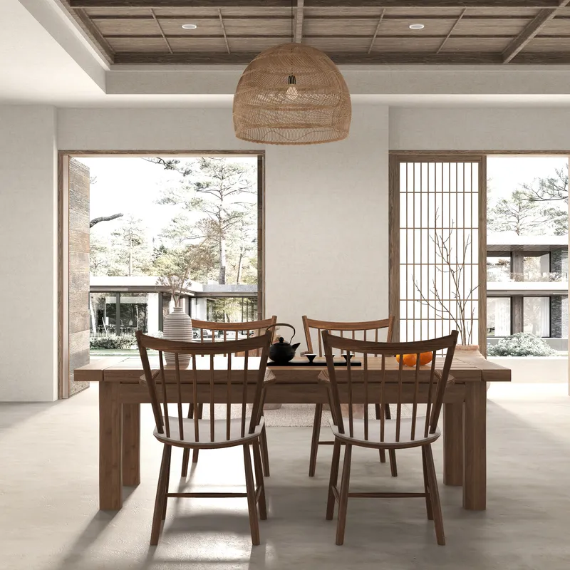 Japanese style dining room with wooden table four chairs woven ceiling light and window view