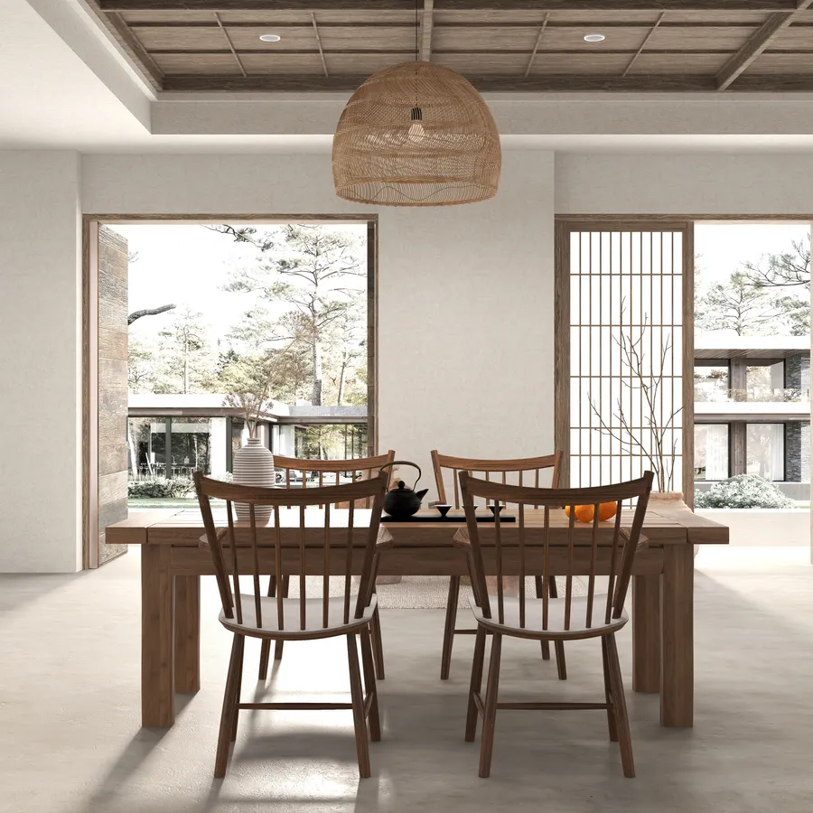 Japanese style dining room with wooden table four chairs woven ceiling light and window view