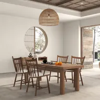 Japanese style dining room with wooden table chairs round window woven ceiling light teapot set