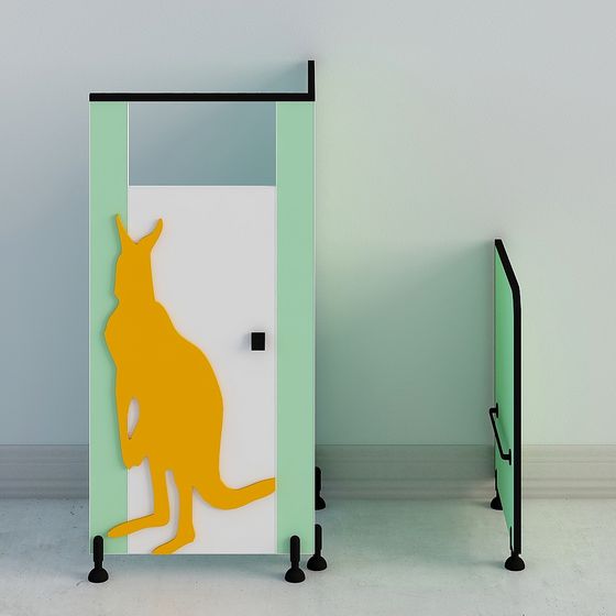 Mint green cabinet with yellow kangaroo cutout and black legs on grey background