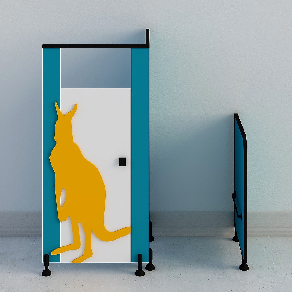 Modern blue and white toilet stall door with yellow kangaroo cutout on grey background