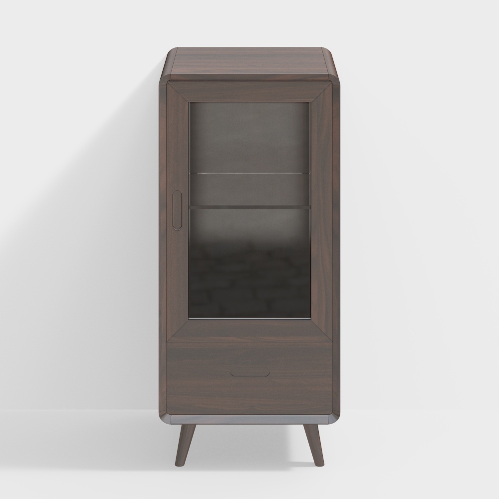 Mid-Century Display Cabinet 3D Model – Low-Poly Wood & Glass