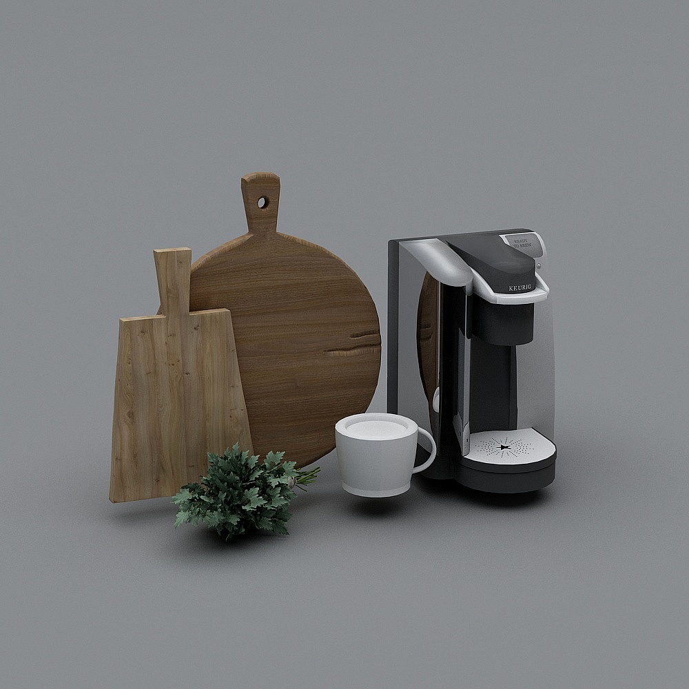 Black coffee maker with wooden cutting boards and white mug on grey background