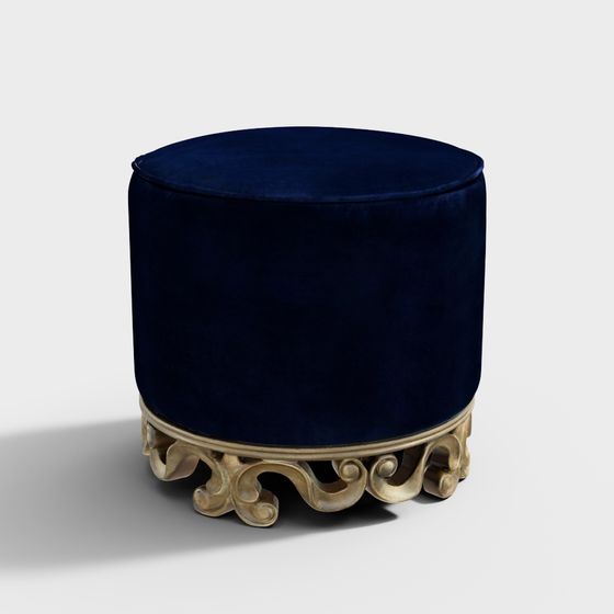 Elegant Navy Blue Velvet Round Stool – Detailed 3D Model