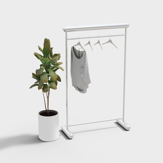 Chic Clothes Rack with Green Plant 3D model