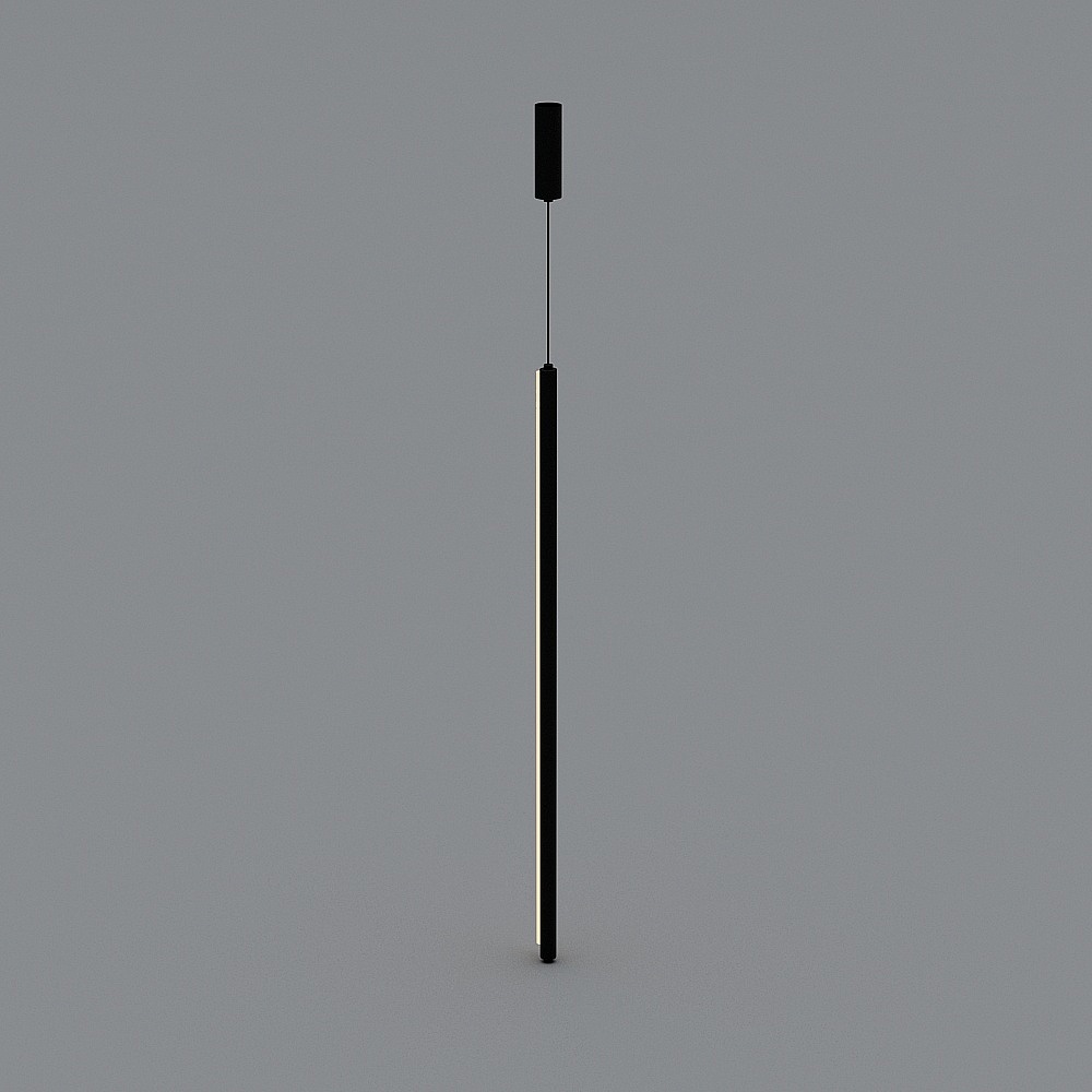 Modern black metal hanging light fixture with vertical LED strip on grey background
