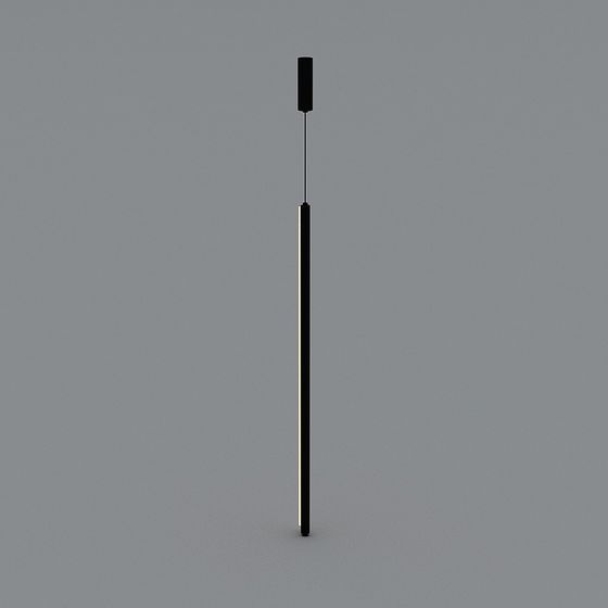 Modern black metal hanging light fixture with vertical LED strip on grey background