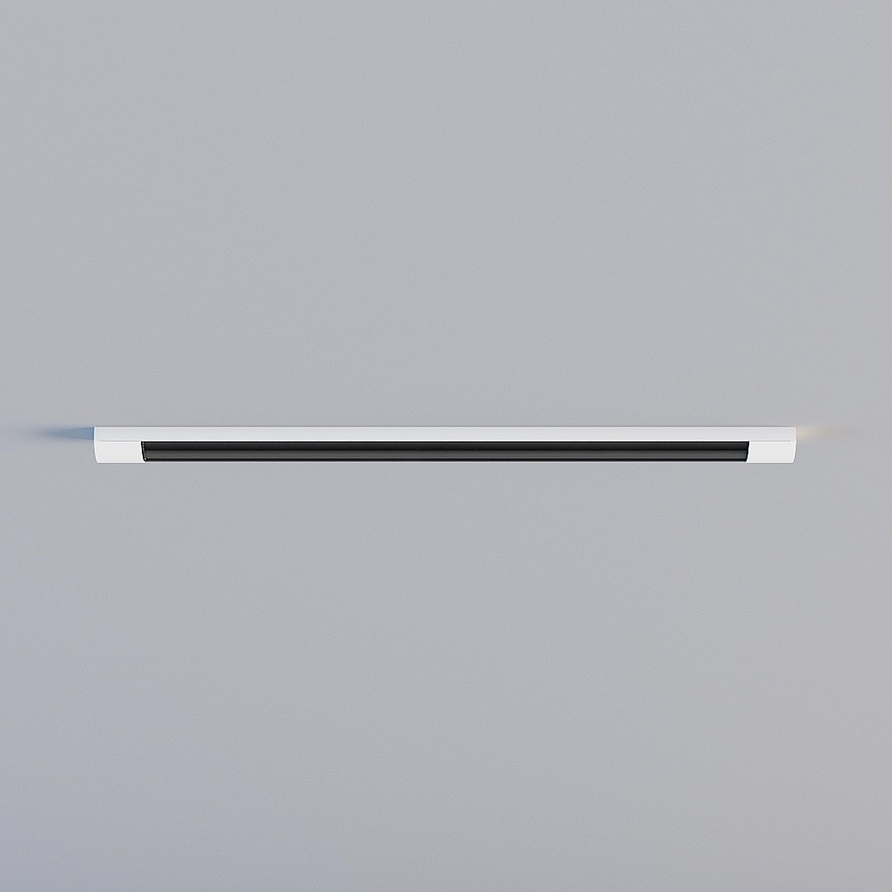 Modern white linear wall light with black center panel and soft glow on grey background