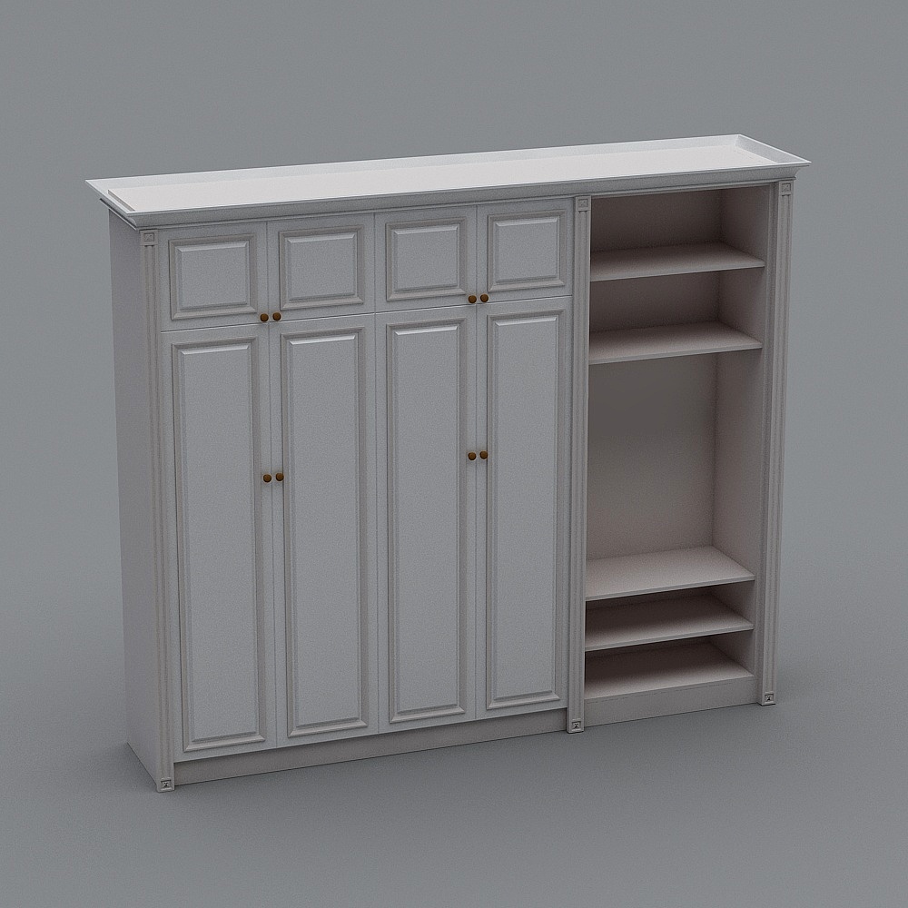 Classic white wooden cabinet with four doors and open shelves on grey background