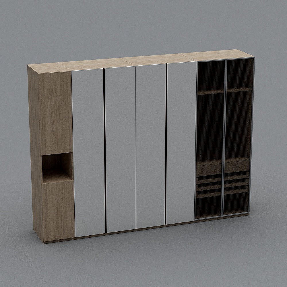 Modern light wood and white cabinet with open shelves on grey background