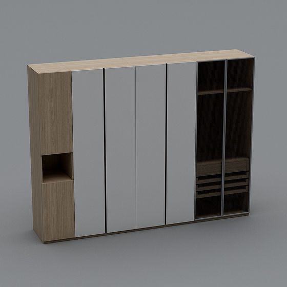 Modern light wood and white cabinet with open shelves on grey background
