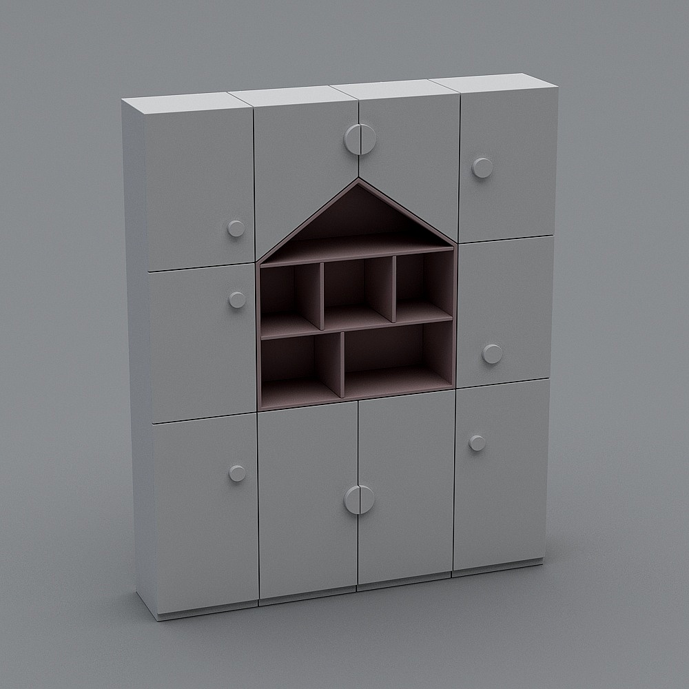 Modern light grey storage cabinet with house shaped open shelf on grey background