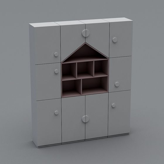 Modern light grey storage cabinet with house shaped open shelf on grey background
