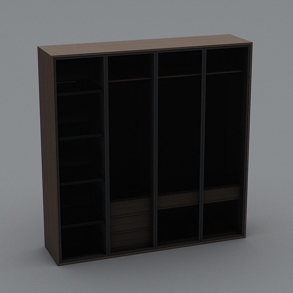 Modern dark brown wardrobe with four doors and drawers on grey background