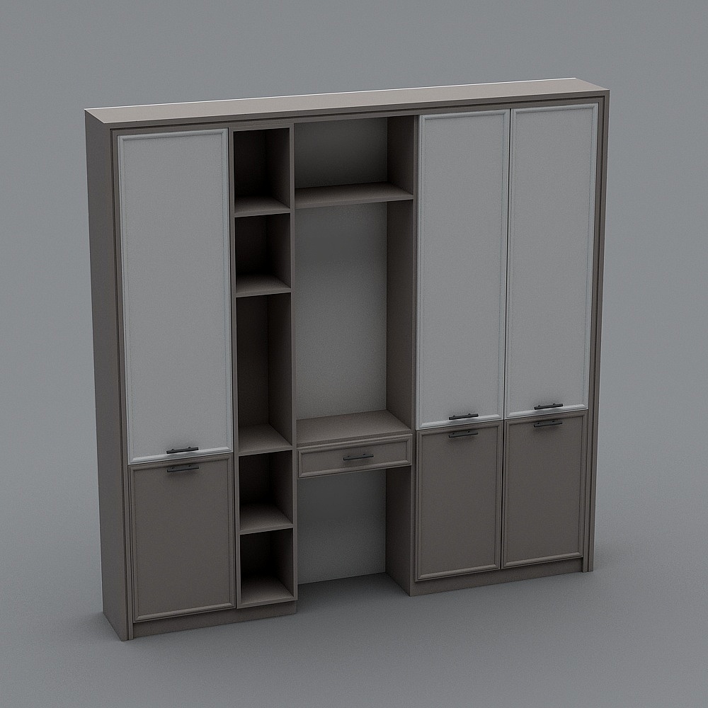 Modern grey wardrobe with white doors and open shelves on grey background