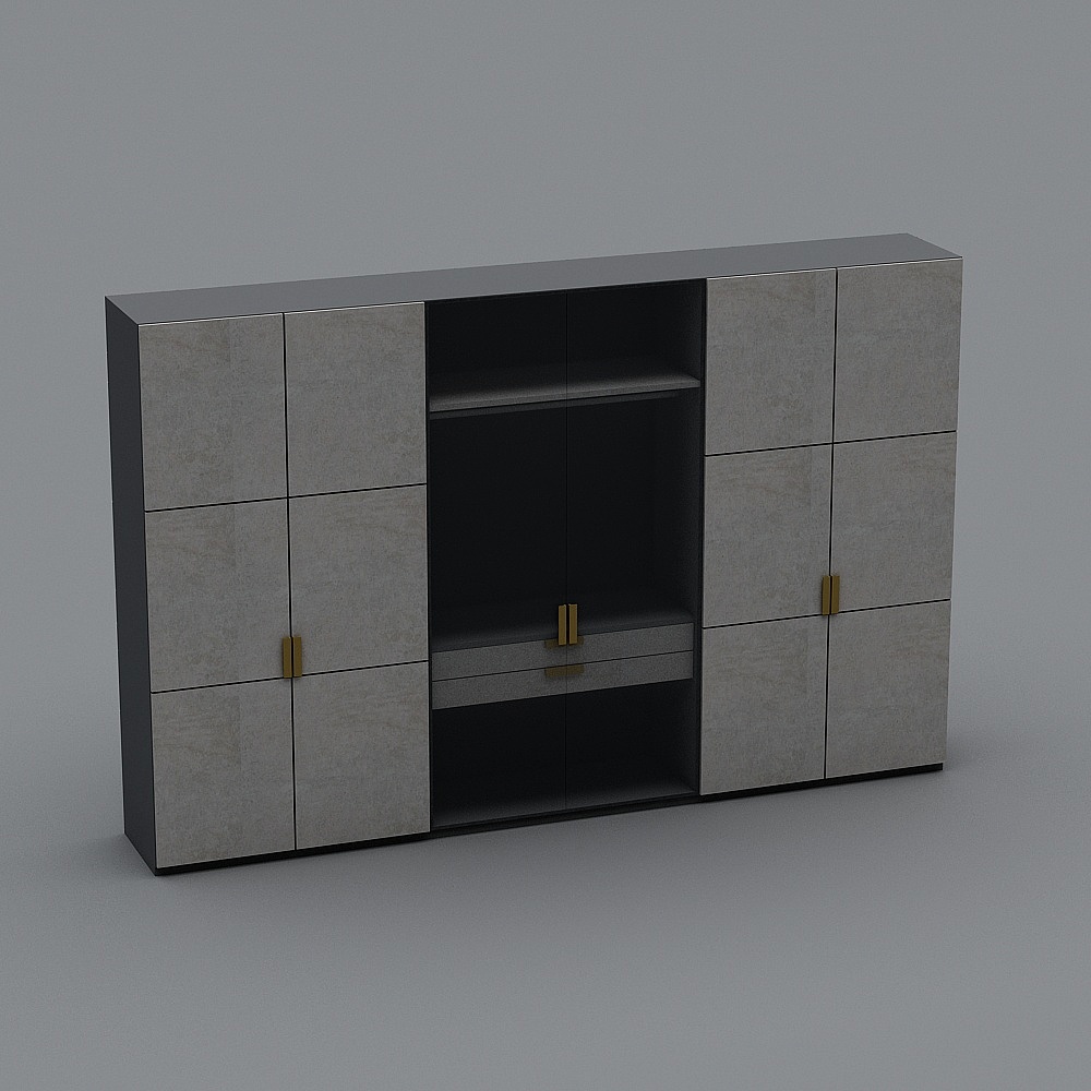 Modern grey stone cabinet with gold handles and black shelves on grey background
