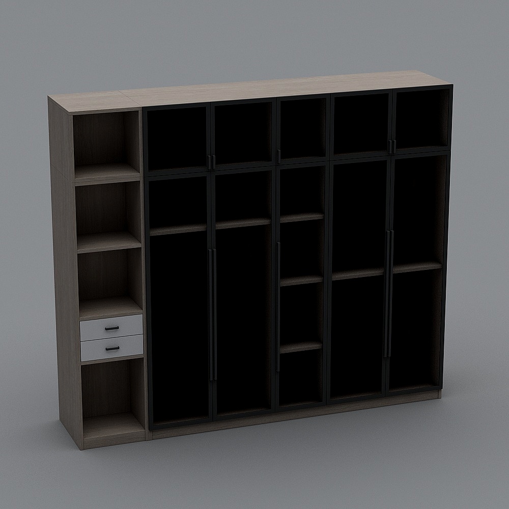 Large modern wardrobe with light wood top and black doors on grey background