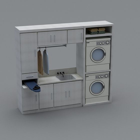 White laundry cabinet with sink, washer, dryer, and ironing board on grey background